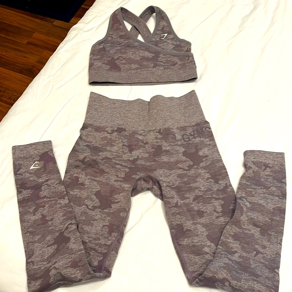 Lavender small Gymshark camo sports bra and leggings
